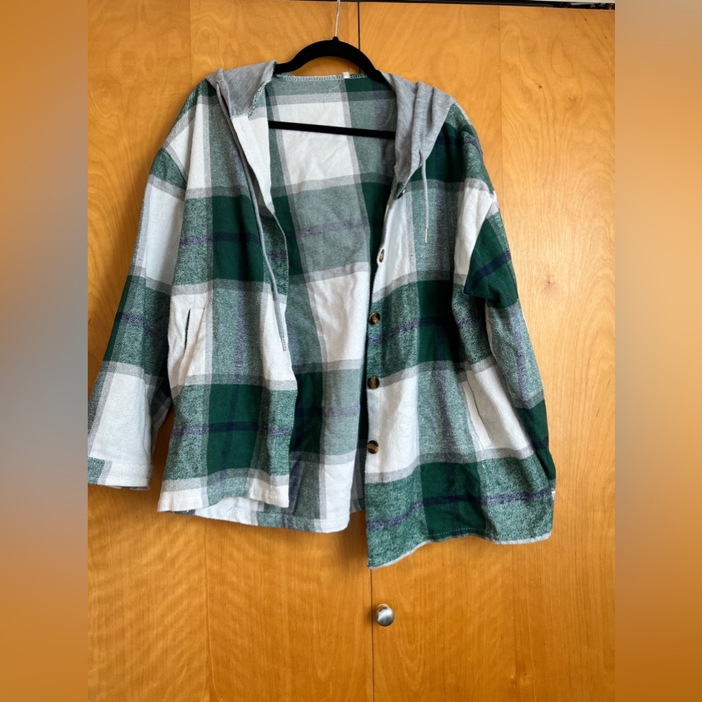 Button up, hooded Plaid Jacket